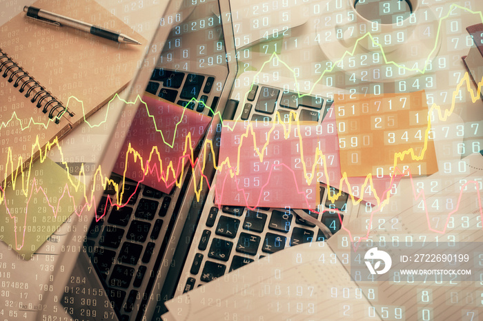Multi exposure of financial chart drawing over table background with computer. Concept of research and analysis. Top view.