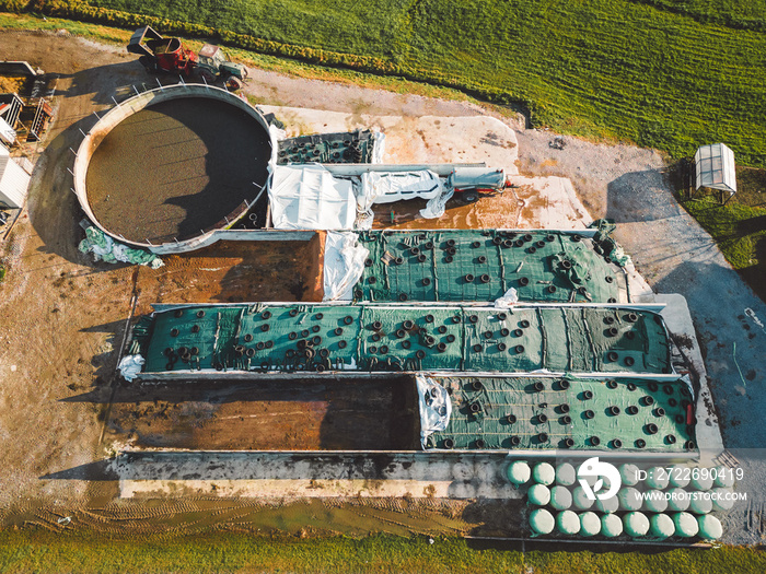 Top down view covered manure storage on a farm in the countryside