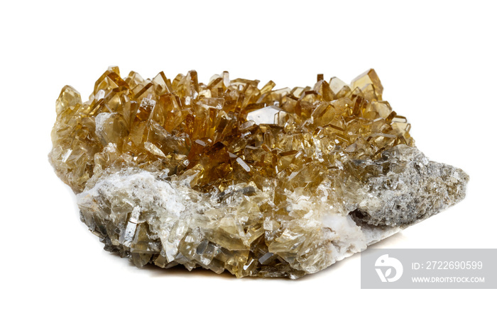 Macro mineral stone baryte crystals, Barite on a white background