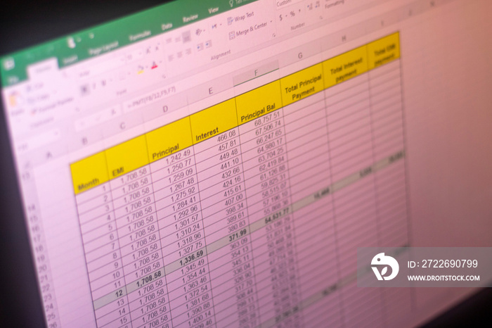 Shot of an excel sheet on computer screen showing bank loan amortization table. Accounting