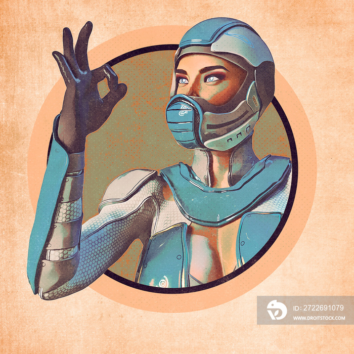 comic woman in a sci fi outfit is ok vintage poster background