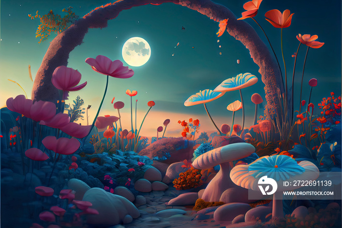 fantastic wonderland landscape with mushrooms, lilies flowers