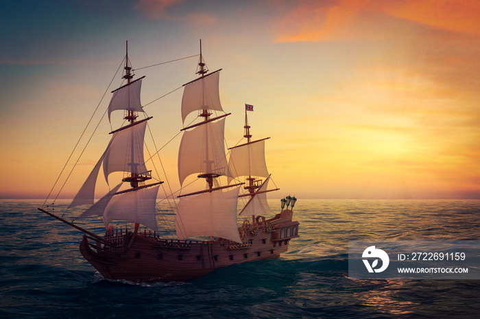 Red Wooden Vintage Tall Sailing Ship, Caravel, Pirate Ship or Warship in Open Ocean. 3d Rendering