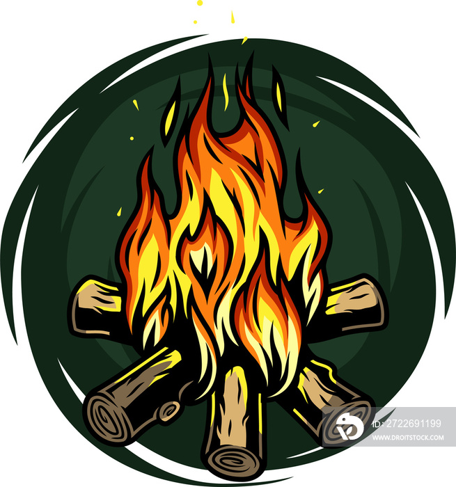 Emblem of burning bonfire with a large flame for camping. Colored vector Illustration of campfire for traveler and tourist. Outdoor adventure equipment. Sport activity