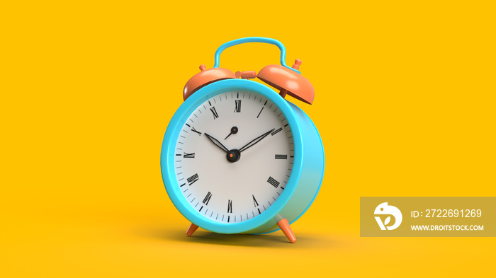 3d render alarm clock bright color scheme, cartoon on a yellow background, rising good morning blue orange yellow