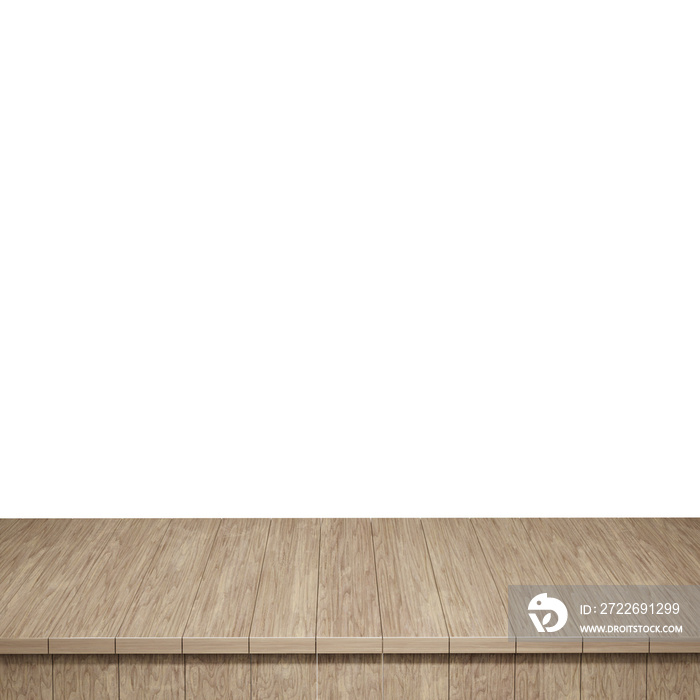 Wooden table foreground, wood table top front view 3d render isolated