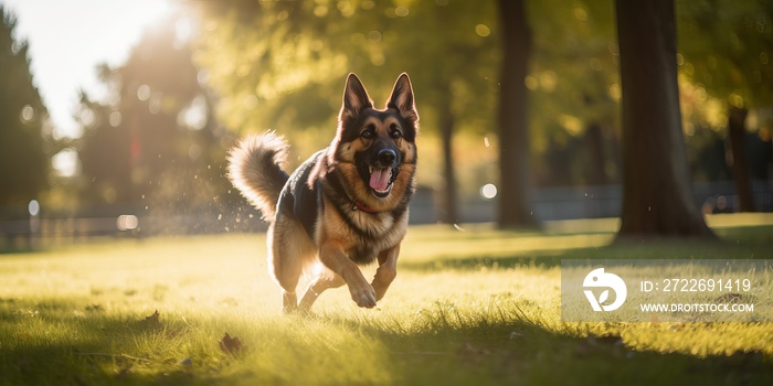 Dog Running through a Sunny Park in the Afternoon