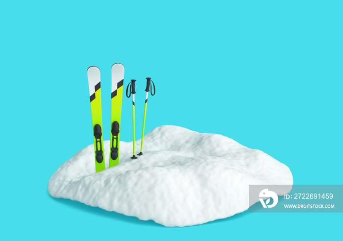 Skis in snow isolated on blue background. Winter season and skiing concept