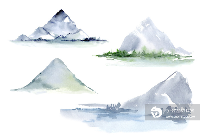 Watercolor landscape of mountains and forests. Mountains in the fog, abstract mountain landscape for postcards and invitations. Adventure in the mountains, hiking in the mountains