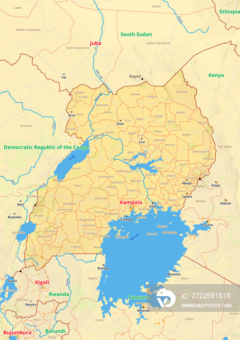 Uganda map with cities streets rivers lakes