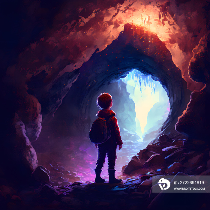 A child with a backpack in a rocky cave