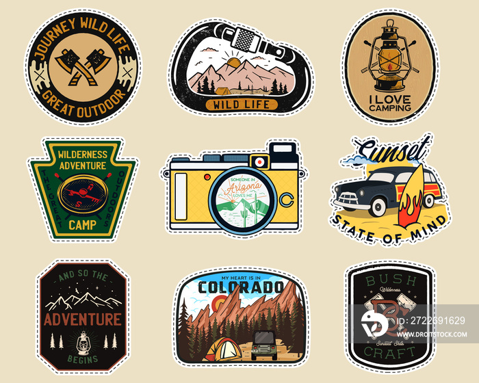 Vintage camp patches logos, mountain badges set. Hand drawn labels designs. Travel expedition, backpacking, surfing stickers. Outdoor hiking emblems. Logotypes collection. Stock isolated.