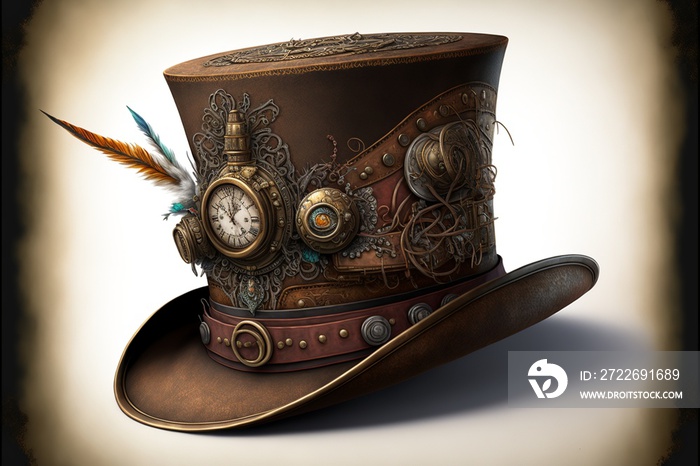 Top hat with steampunk style decorations, white background. AI digital illustration