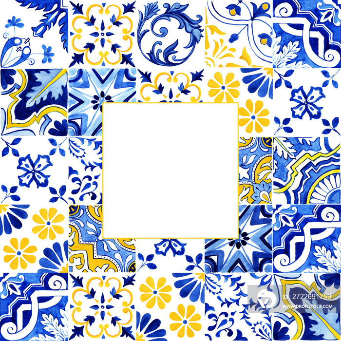 Portuguese Azulejos tile frame. Traditional Portuguese Mosaic tile decoration. Watercolor blue and yellow border. Antique ceramics tileable, heritage. Old painted panel with floral pattern