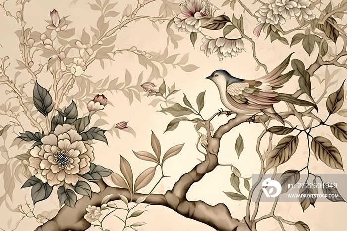 Beautiful pattern of tree with flowers and birds in chinese style. Beige, pastel colors. High quality illustration