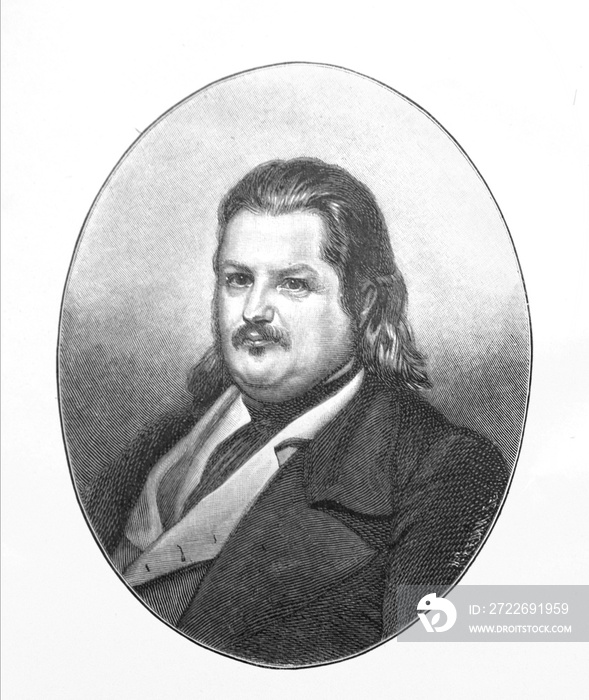 Portrait of Honoré de Balzac, a French novelist and playwright in the old book The Literature of XIX century, by E.A. Solovieva, 1895, St. Petersburg