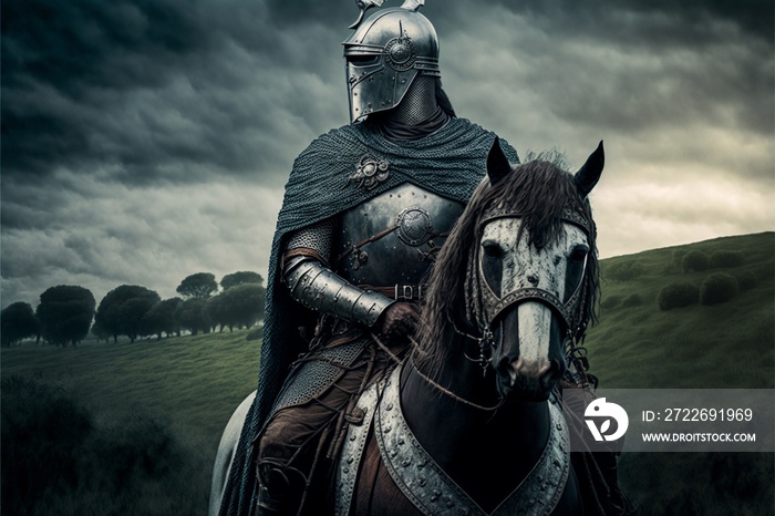 Landscape medieval knight in armor and battlefield in background. AI digital illustration