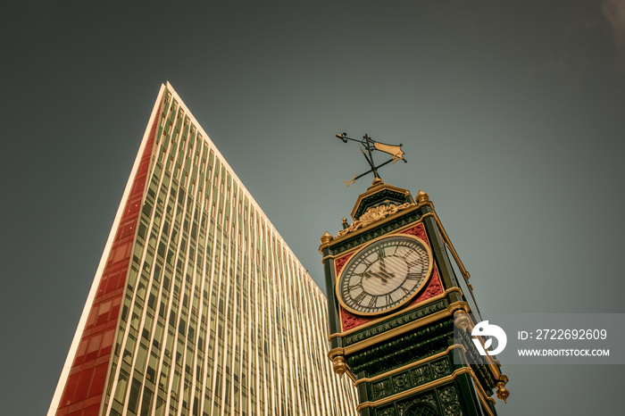 Close up of Little Ben Clock in Victoria Street, London, England.