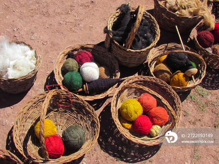 Baskets of wool in the Ccaccaccollo Community and Women’s Weaving Co-op in the Sacred Valley in Peru, South America