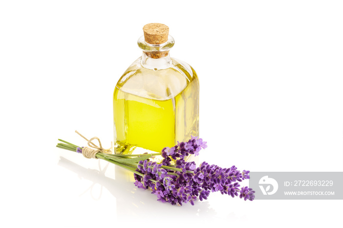 Lavender essential oil isolated on white background