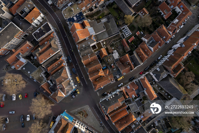 Top down view of Dutch historic city Zutphen street plan with rooftops in urban development. Aerial housing and engineering concept