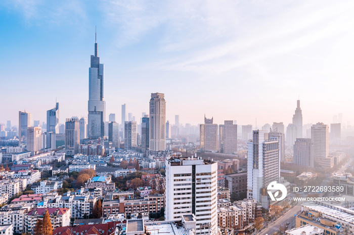 Dusk scenery of Zifeng Building and city skyline in Nanjing, Jiangsu, China