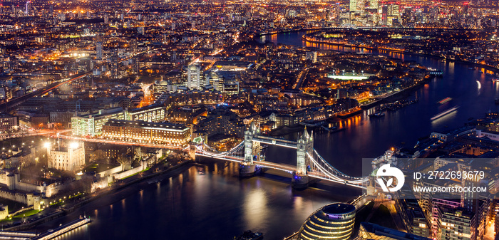 London cityscape at night, United Kingdom. Aerial view