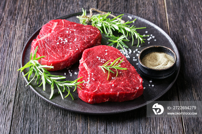 uncooked beef steaks on a black plate