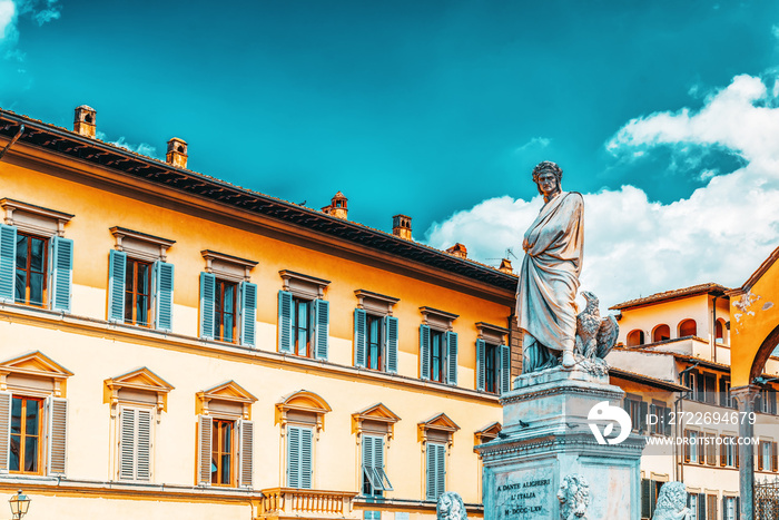 Monument to Dante Alighieri (Monumento a Dante Alighieri) on Holy Cross Square (Piazza di Santa Croce) in  Florence. Italy.