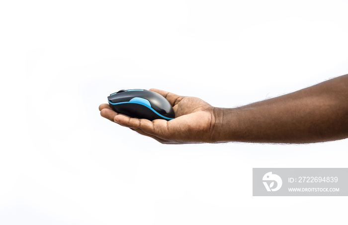 Colorful wireless computer mouse in the hand on the isolated white background