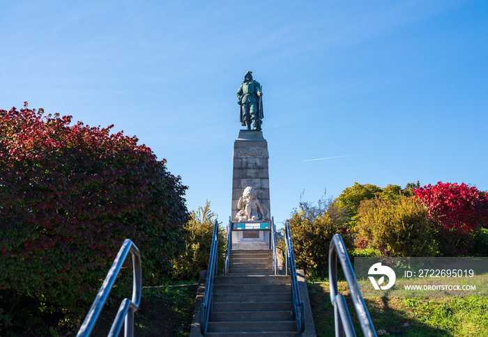 Bronze statue and monument to Samuel de Champlain in Plattsburgh in the northern part of New York State