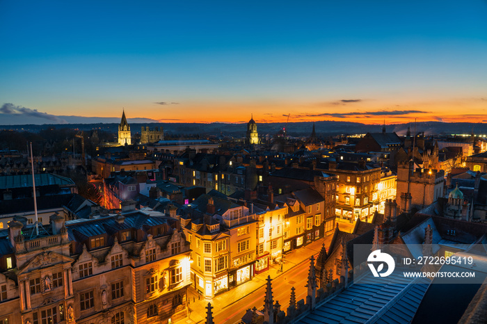 Oxford city aerial rooftop skyline at sunset. England