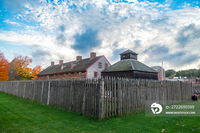 Old landmark Fort Western, former British colonial outpost at the head of navigation on the Kennebec River, built in 1754 during the French and Indian War