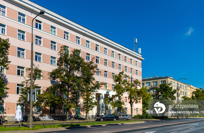 Historic Sabinki student house of Warsaw School of Economics SGH at Niepodleglosci and Narbutta street in Mokotow district of Warsaw in Poland