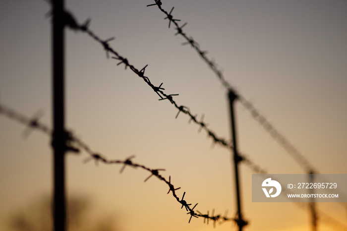 black silhouette of a barbed wire fence in evening.