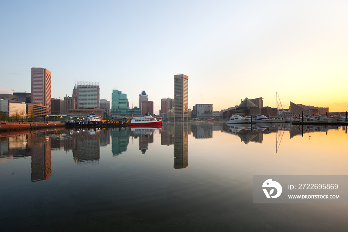 Downtown city skyline and Inner Harbor at dawn, Baltimore, Maryland, USA