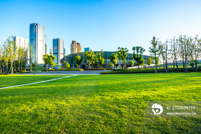 green lawn with city skyline in hangzhou china