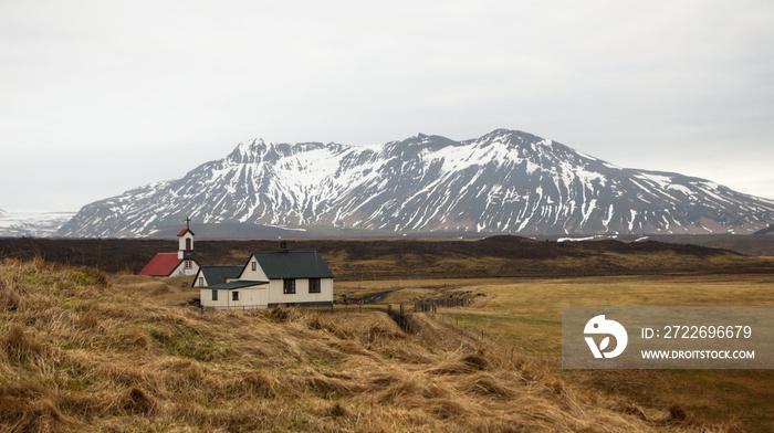 Panorama view of historical traditional green grass Keldur Turf House sod nature farm museum Hella South Iceland