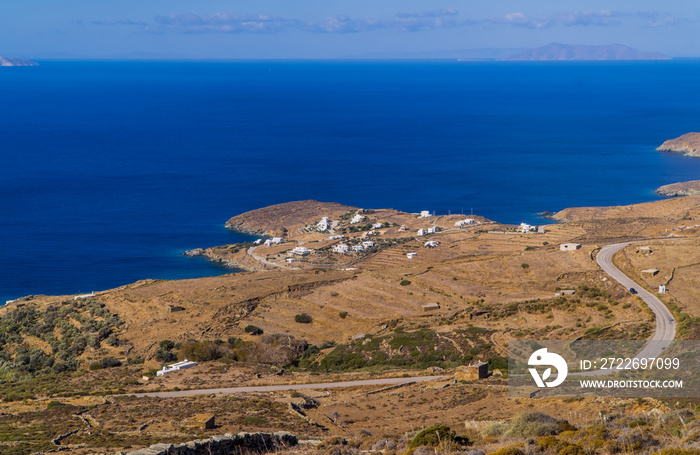 Coastal landscapes with typical Cycladic houses near Isternia on the island of Tinos, Cyclades, Greece