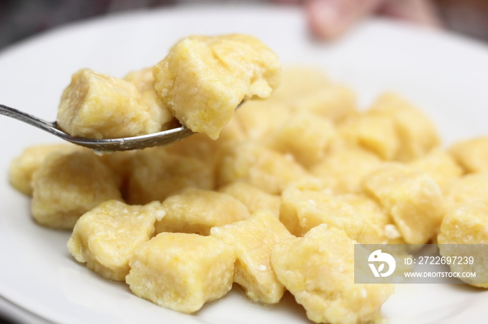 Gnocchi. Small soft dough dumplings with cottage cheese on plate.