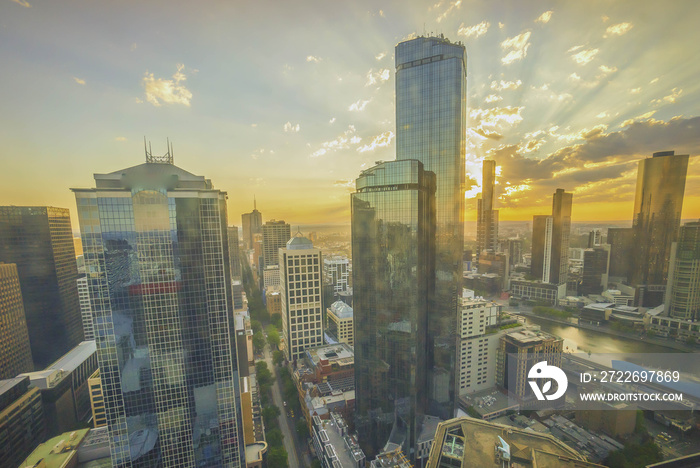 An aerial view of Melbourne cityscape including Yarra River and