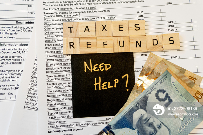 New Canadian personal tax forms and letter tiles showing refunds and taxes