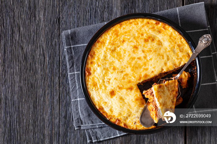 Greek Pastitsio in baking dish, top view