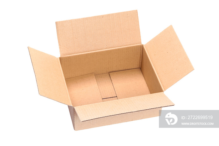 Top view of opened packaging cardboard box isolated on a transparent background.