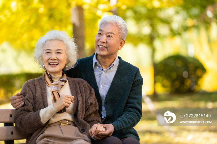 幸福的老年夫妇坐在长椅上