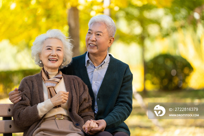 幸福的老年夫妇坐在长椅上