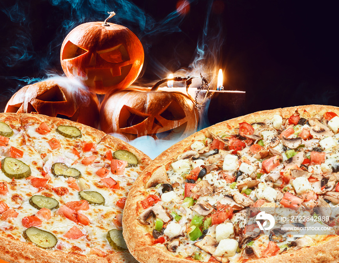 special set of two pizzas for halloween on the background of pumpkins