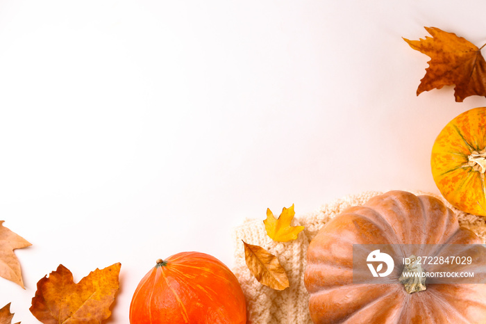 Thanksgiving background concept. Local produce pumpkin and autumn leaves with other decoration on te