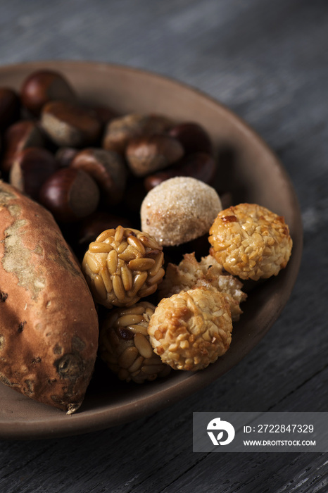 sweet potato, chestnuts and Catalan panellets