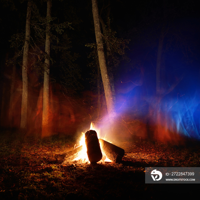 Bonfire in the mystical forest at night, tree silhouettes in the dark. Pagan traditional summer cele